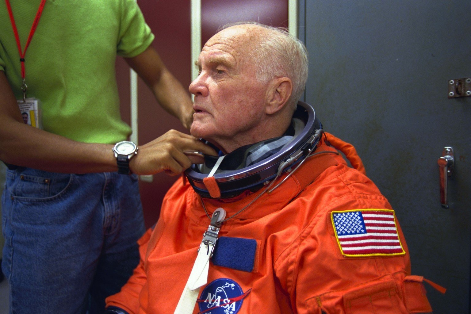 Astronaut John Glenn training for the 1998 STS-95 space shuttle mission that carried Sea-Monkeys eggs into orbit