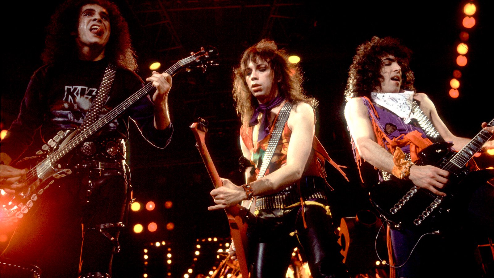 Gene Simmons, Vinnie Vincent and Paul Stanley performing onstage in 1984 during the Animalize era