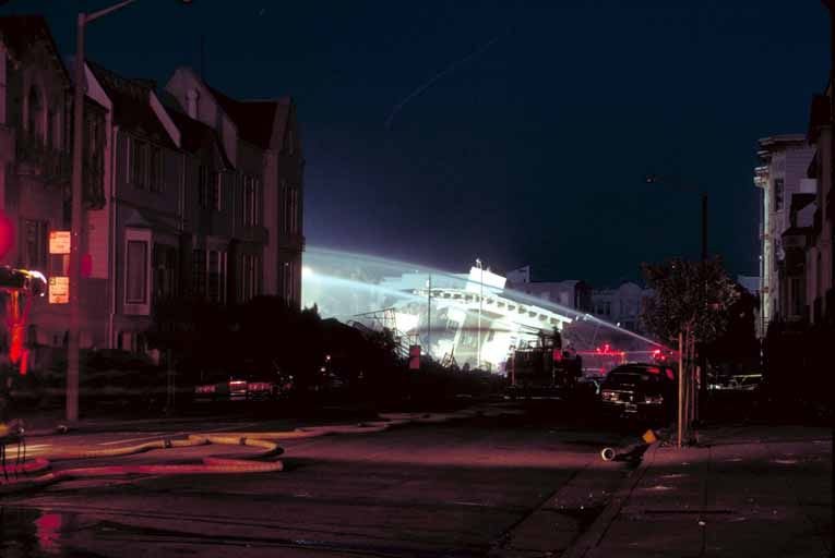 Firefighters battle the Marina District fire in San Francisco on the night of the 1989 Loma Prieta earthquake