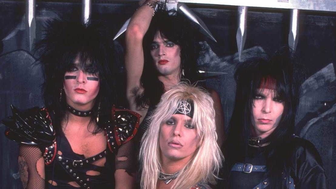 Mötley Crüe in full leather and pentagram makeup during the 1983 Shout at the Devil era