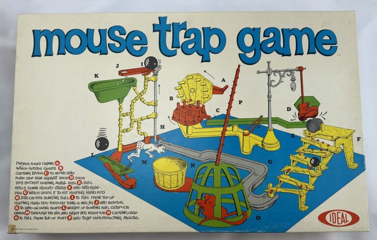Original 1963 Ideal Mouse Trap Game box art showing the full Rube Goldberg contraption