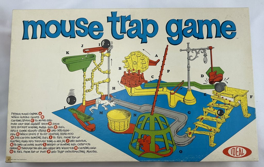 Original 1963 Ideal Mouse Trap Game box art showing the full Rube Goldberg contraption