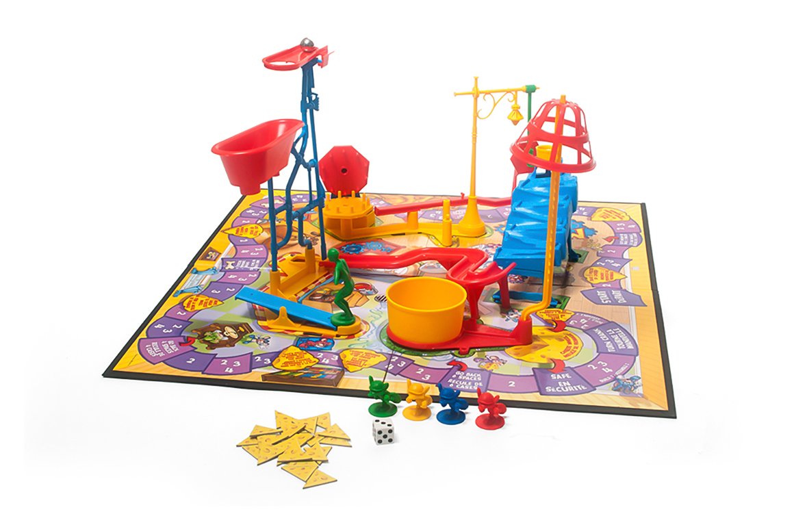 Modern reissue of the Mouse Trap board game fully assembled with mouse pieces, dice, and cheese cards