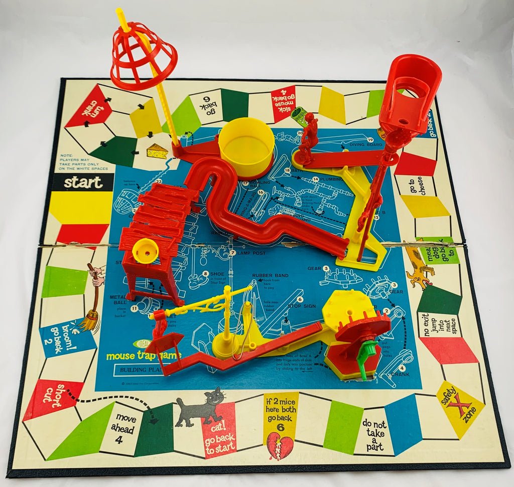 Vintage 1960s Mouse Trap board game fully assembled with the Rube Goldberg contraption built