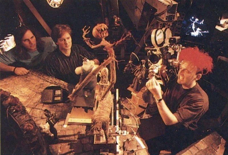 Crew members operating stop-motion camera rigs on the set of The Nightmare Before Christmas in 1993