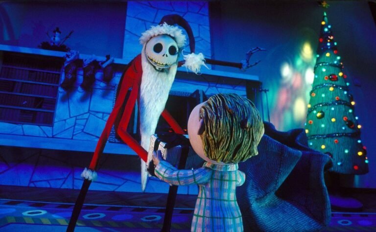 Jack Skellington dressed as Santa Claus delivering a gift in The Nightmare Before Christmas, released October 13 1993