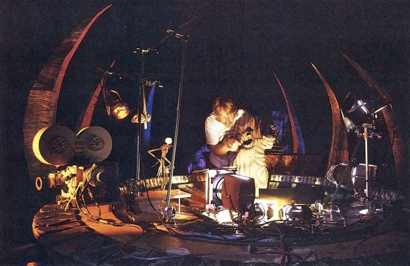 Animator Mike Belzer hand-animating a stop-motion puppet on the set of The Nightmare Before Christmas