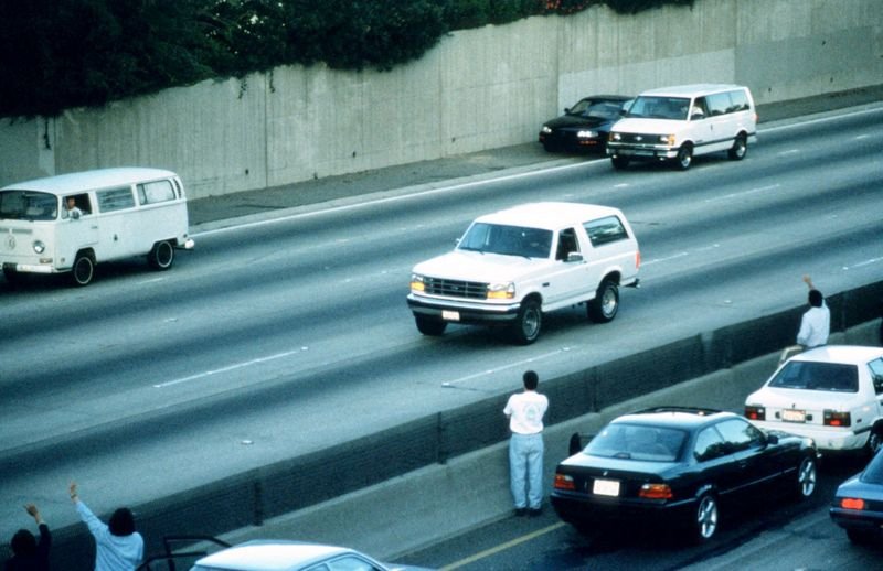 The white Ford Bronco during the 1994 low-speed police chase with O.J. Simpson