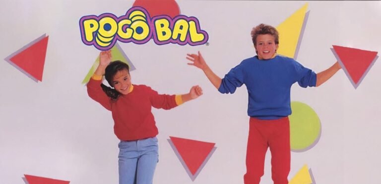 Two kids bouncing on original 1980s Pogo Ball toys in a Hasbro catalog ad