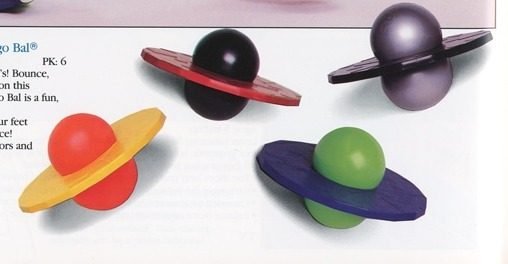Four color variations of the original 1980s Pogo Ball toy