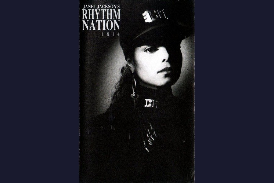 Janet Jackson Rhythm Nation 1814 album cover, 1989, black and white military uniform photo