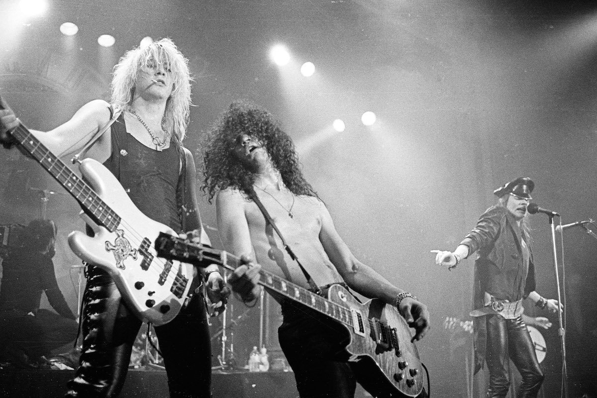 Duff McKagan, Slash, and Axl Rose performing live at the Ritz in New York City, February 1988