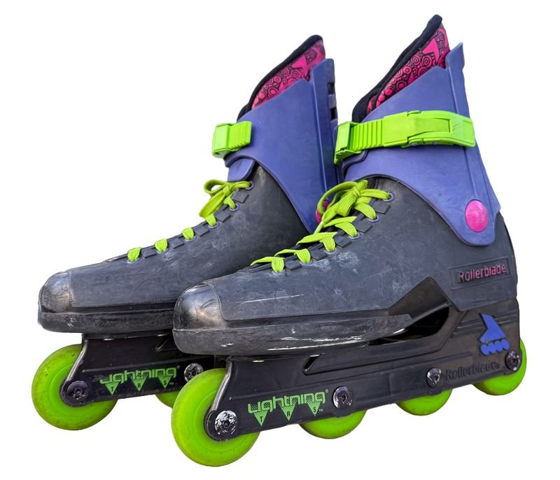 Rollerblade Lightning TRS 1988 inline skates in neon purple and green