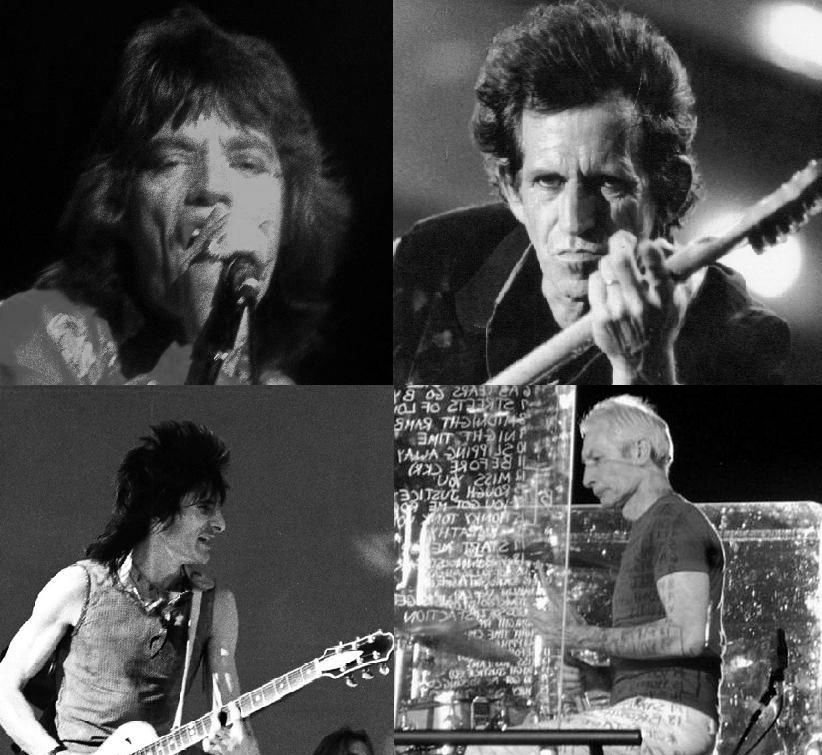 Rolling Stones 80s albums era lineup — Mick Jagger, Keith Richards, Ronnie Wood, Charlie Watts performing live