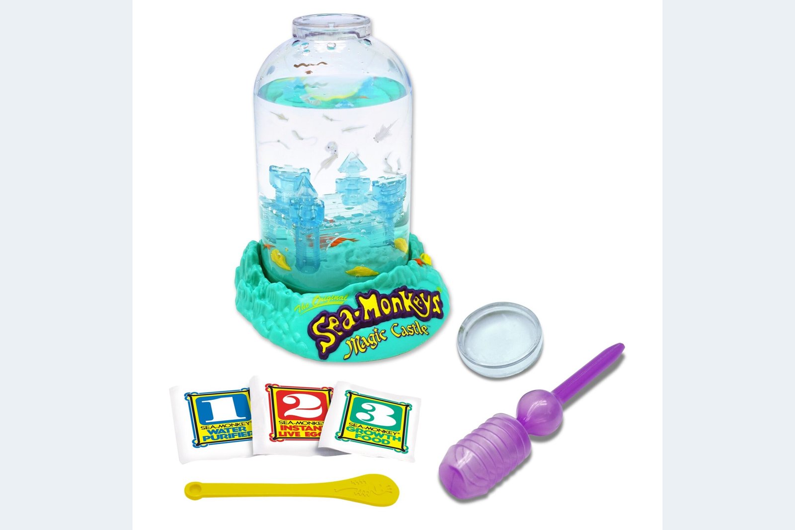 Modern Sea-Monkeys Magic Castle playset tank with growth food packets and feeding spoon