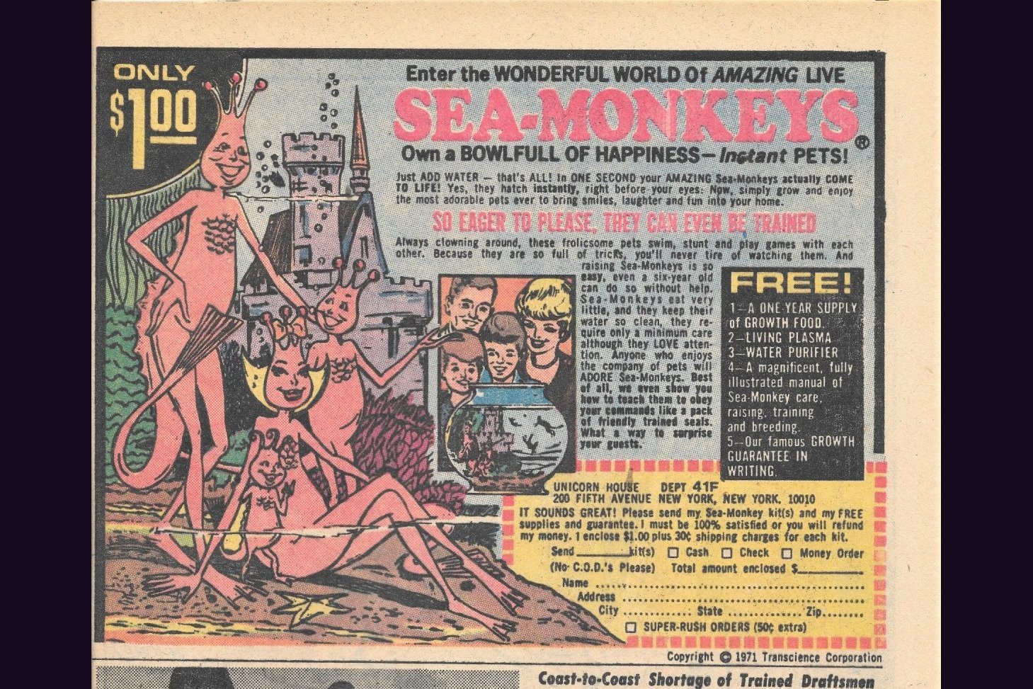 Vintage 1970s Sea-Monkeys comic book ad promising a bowlful of happiness and instant pets