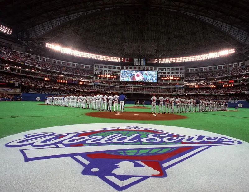SkyDome decorated with the 1992 World Series logo before a Blue Jays game