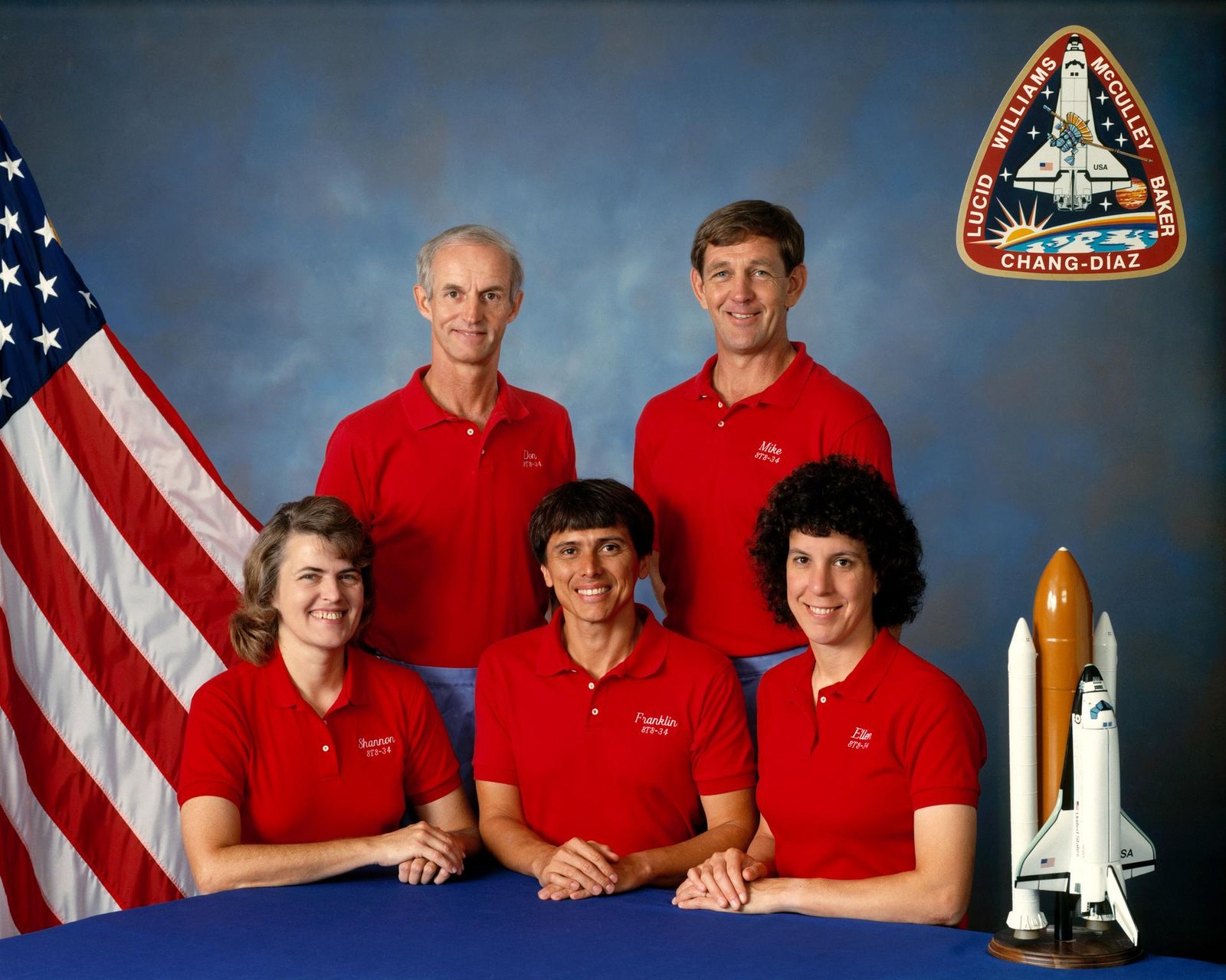 Official NASA crew portrait of the STS-34 astronauts: Shannon Lucid, Franklin Chang-Diaz, Ellen Baker, Donald Williams, and Michael McCulley