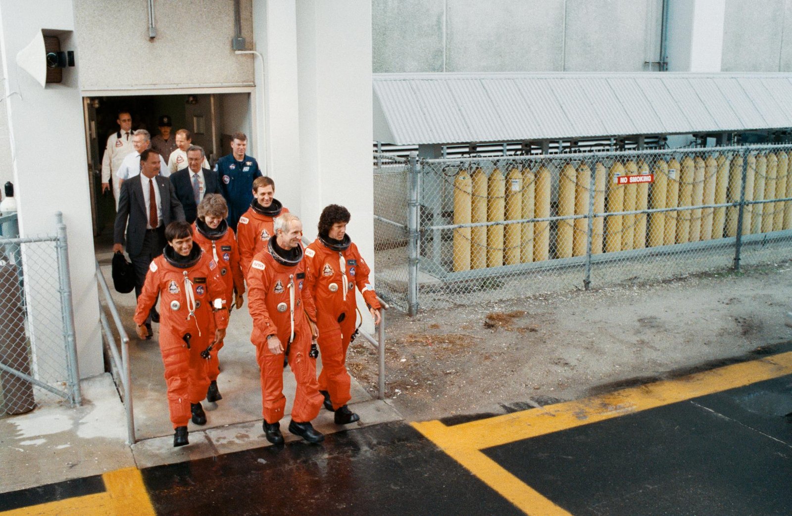 STS-34 crew walking out to the launch pad at Kennedy Space Center before boarding Atlantis