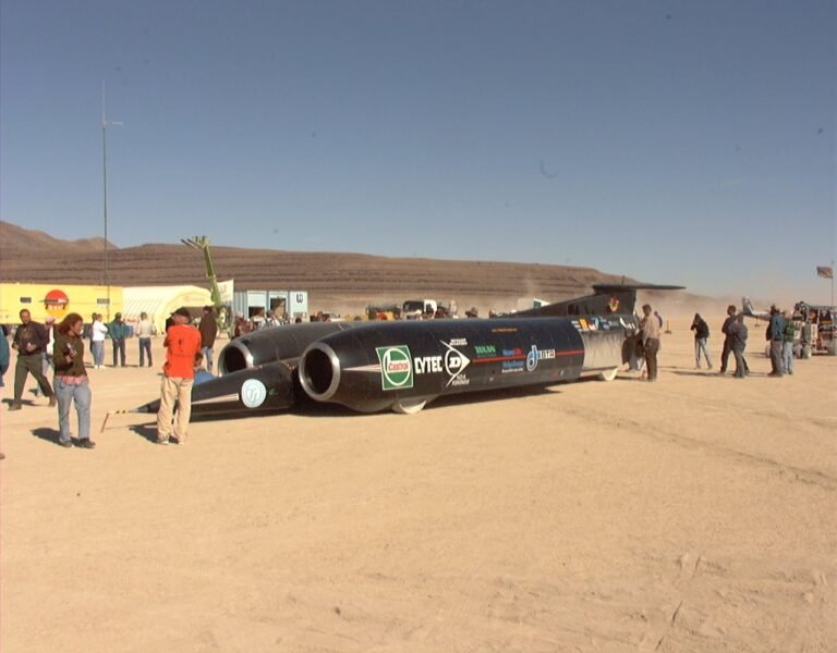 ThrustSSC jet car parked at the Black Rock Desert pits after setting the land speed record on October 15, 1997