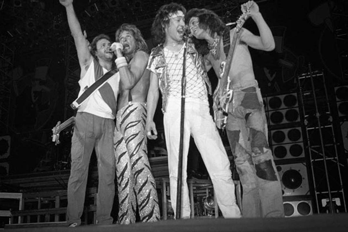 Van Halen performing live with David Lee Roth during the 1984 tour, the final run of shows with the original lineup