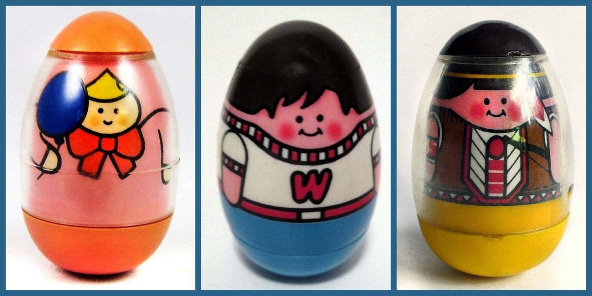 three vintage Weebles toy figures showing the classic egg-shaped design